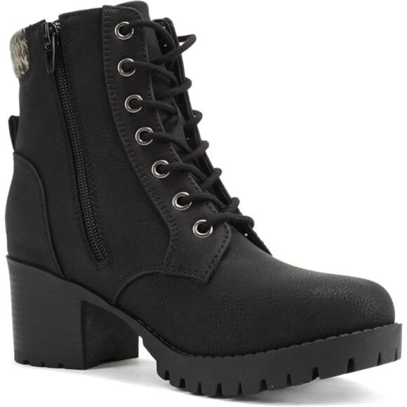 Women Black Winter Lug Sole Chunky Heel Combat Ankle Boot Lace up w/Side Zipper - Picture 4 of 4